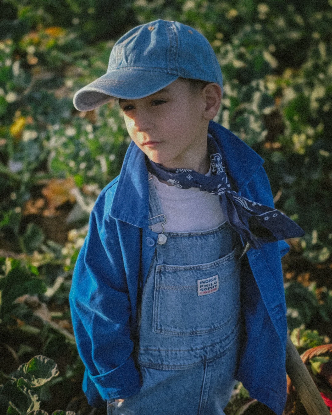 From Earth to table (43) Young boy wearing a blue cap and denim overalls standing in a vegetable field, holding a harvest basket. Warm natural sunlight surrounds him, creating an earthy and intimate atmosphere. The image represents childhood rooted in nature and the quiet passing of knowledge between generations.