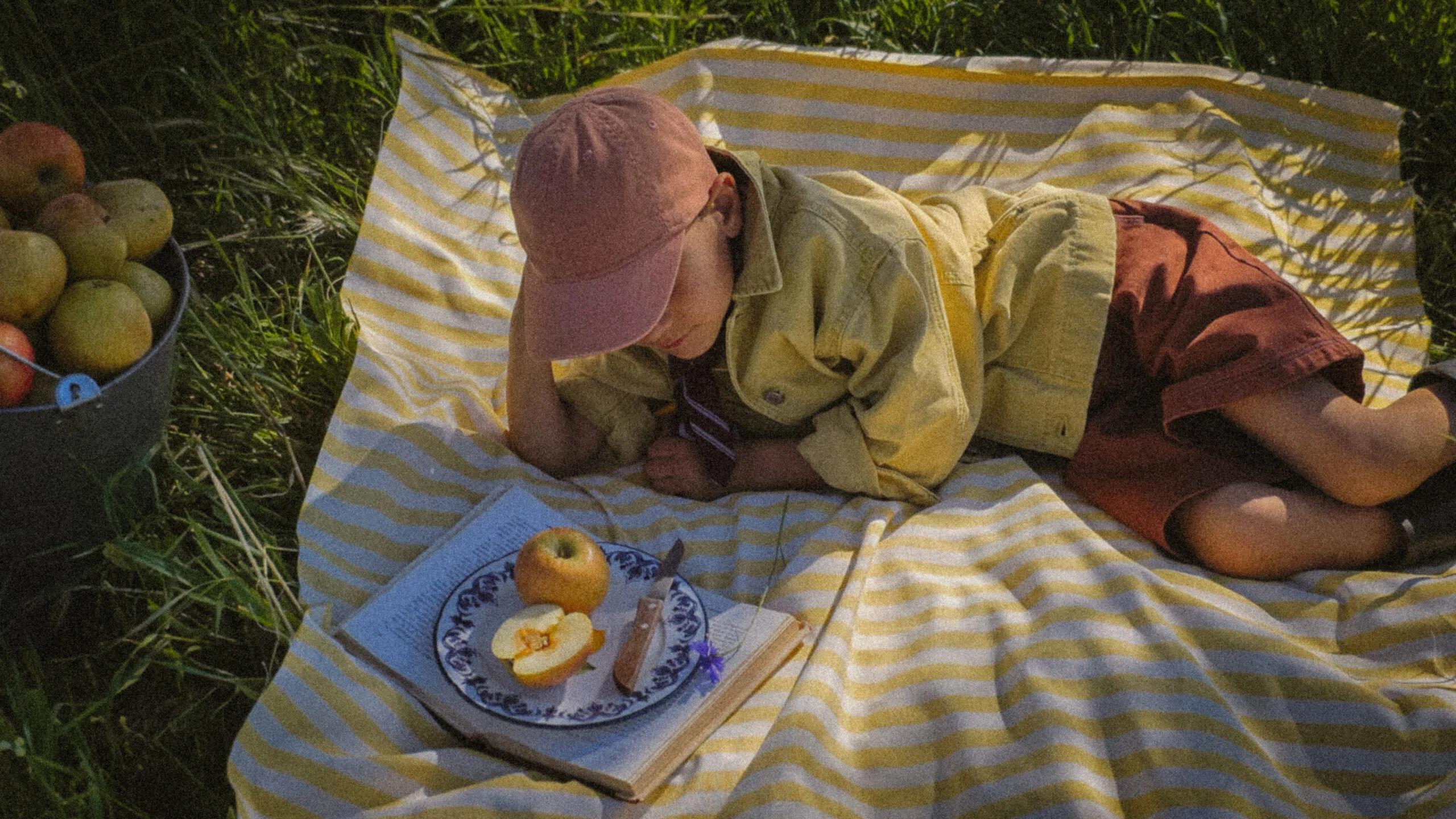 Overhead shot of a young boy lying on a striped yellow and white blanket in a sunlit field. He rests on his side, face hidden beneath a dusty pink cap, holding an apple close to his mouth. Beside him, a blue and white ceramic plate with a sliced apple and a wooden-handled knife rests on an open book. A metal bucket overflowing with yellow apples sits to his left in the tall green grass. A small blue wildflower rests on the plate. The light is warm and golden. The mood is unhurried and completely at ease.